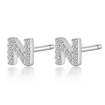 Rhodium Plated 925 Sterling Silver Initial Letter Stud Earrings, with Cubic Zirconia, Platinum, Letter N, 5x5mm