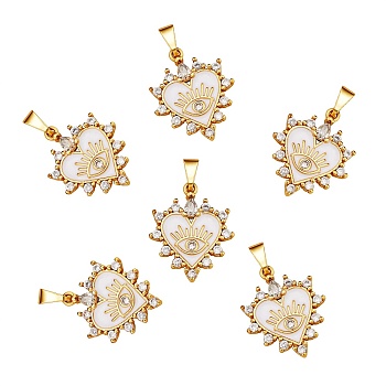 6Pcs Brass Clear Cubic Zirconia Pendants, with Enamel, Long-Lasting Plated, Real 18K Gold Plated, Heart and Eye, White, 23x19x3mm, Hole: 2.5x6mm