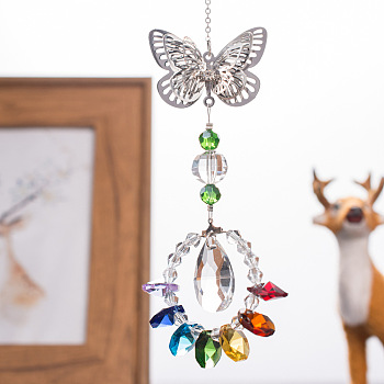 Crystal Teardrop Glass Suncatchers Prisms Pendant Decorations, Chakra Chandelier Hanging Ornament for Window Sun Catcher with Butterfly, Colorful, 315~330x60mm