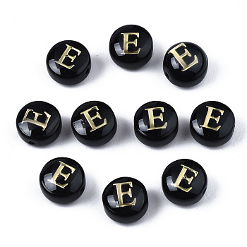 Handmade Lampwork Beads, with Golden Plated Brass Etched Metal Embellishments, Flat Round with Alphabet, Letter.E, 8x5mm, Hole: 0.8mm