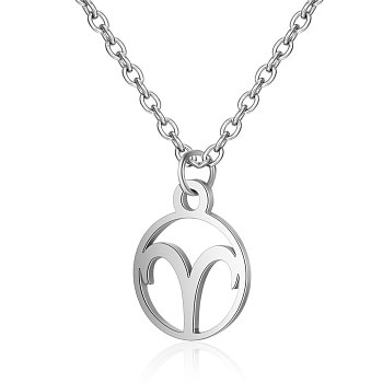 201 Stainless Steel Pendants Necklaces, Flat Round with Constellations, Aries, 16.3 inch(40cm)x1mm