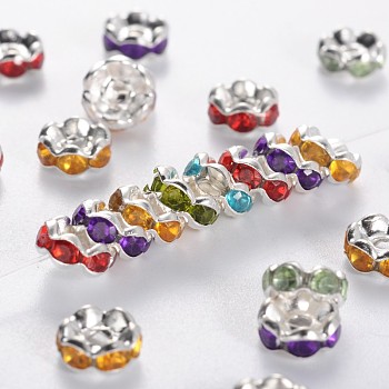 Brass Acrylic Rhinestone Spacer Beads, Wavy Edge, Silver Color Plated, Rondelle, Mixed Color, 6x3mm, Hole: 1mm