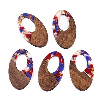 Transparent Resin and Walnut Wood Pendants, Hollow Oval Charms with Gold Foil, Colorful, 49.5x28x4mm, Hole: 2mm, 