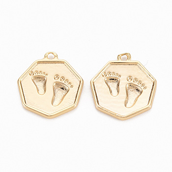 Brass Pendants, Nickel Free, Polygon with Foot Print, Real 18K Gold Plated, 16x14x1.5mm, Hole: 1.2mm
