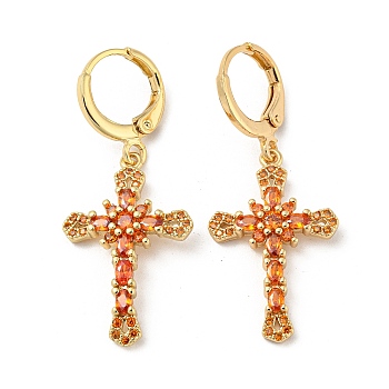 Real 18K Gold Plated Brass Dangle Leverback Earrings, with Glass, Cross, Coral, 38x16mm