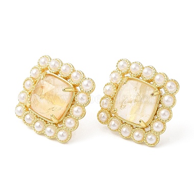 Natural Citrine Square Stud Earrings with Plastic Pearl Beaded(EJEW-E599-03G-03)-3