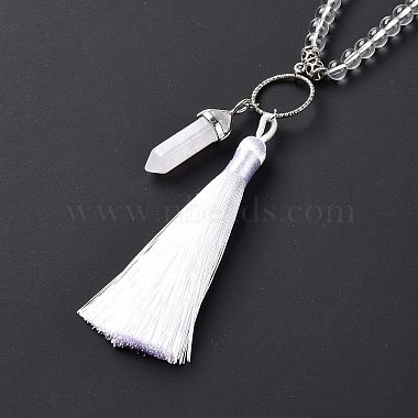 Natural Quartz Crystal Bullet & Tassel Pendant Necklace with Mixed Gemstone Beaded Chains(NJEW-E585-02G)-5