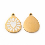 Ion Plating(IP) 304 Stainless Steel Enamel Pendants, Teadrop with Heart Pattern, White, 15x12x1mm, Hole: 1.2mm(STAS-F291-04G-03)