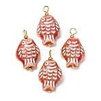 Handmade Porcelain Pendants, Fish Charms, Hand Painted, Famille Rose Porcelain, with Brass Findings, Real 18K Gold Plated, Red, 26~27.5x15~16x9~10mm, Hole: 2~3x3mm(PR-CBAC347-04A)