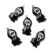 Halloween Opaque Resin Pendants, with Platinum Tone Iron Loops, Ghost, Black, 37.5x17x6.5mm, Hole: 2mm(RESI-B011-16)