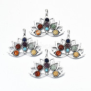 Natural Mixed Gemstone Pendants, with Antique Silver Brass Findings, Dyed, Mixed Dyed and Undyed, Lotus Flower, 39x49x7mm, Hole: 6x4.5mm(X-G-S359-204)