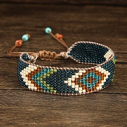 Bohemian Style Glass Bead Braided Bracelets, Ethnic Cord Bracelets for Women, Dark Green, Inner Diameter:  1/4 inch(0.8cm) ~ 3/8 inch(1cm)(ZD3902-4)