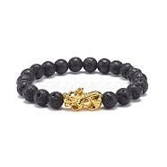 Natural Lava Rock & Alloy Pixiu Beaded Stretch Bracelet, Essential Oil Gemstone Jewelry for Men Women, Golden, Inner Diameter: 2-1/8 inch(5.3cm)(BJEW-JB08575-02)