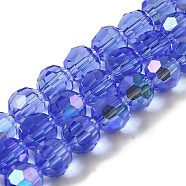 Electroplate Transparent Glass Beads Strands, Faceted, Round, Rainbow Plated, Light Blue, 8mm, Hole: 1mm, about 66~69pcs/strand, 19.29~19.57 inch(49~49.7cm)(EGLA-A035-T8mm-L14)