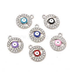 Alloy Enamel Pendants, with Rhinstone, Flat Round with Evil Eye Charm, Platinum, 17.5x14.5x2.5mm, Hole: 2mm(PALLOY-I217-07P)