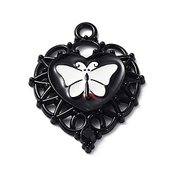Alloy Enamel Pendants, with Rhinestone, Heart with Butterfly Charm, Electrophoresis Black, 33.5x26x3mm, Hole: 2.8mm(ENAM-B058-01EB-02)