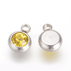 201 Stainless Steel Rhinestone Charms, Flat Round, Light Colorado Topaz, 8.5x6x3mm, Hole: 1.5mm(X-STAS-S068-11)