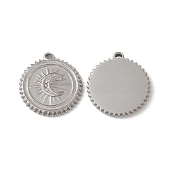 201 Stainless Steel Pendants, with Rhinestone, Flat Round with Moon Charm, Stainless Steel Color, 20x18.5x2mm, Hole: 1.5mm(STAS-J401-VC580)