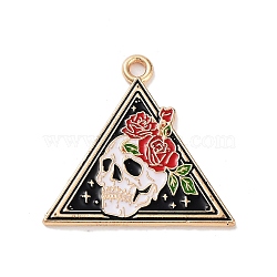 Halloween Alloy Enamel Pendants, Golden, Triangle with Skull & Rose, 25x26x1.5mm, Hole: 2mm(FIND-B036-04A)