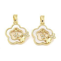 Brass with Clear Cubic Zirconia with Sea Shell Pendants, Cadmium Free & Nickel Free & Lead Free, Flower with Butterfly, Real 18K Gold Plated, 16x15.5x3.5mm, Hole: 5x3mm(KK-Q820-12G)