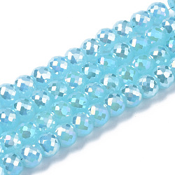 Electroplate Glass Beads Strands, AB Color Plated, Imitation Jade Glass, Faceted, Round, Medium Turquoise, 8x6mm, Hole: 1.2mm, about 80pcs/strand, 18.66~19.76 inch(47.4cm~50.2cm)(EGLA-Q125-003-B02)