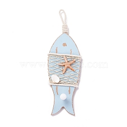 Mediterranean Style Fish Wood Hanging Pendant, Antique Wood Fish Ornament, for Home Wall Decor, Sky Blue, 316mm(HJEW-C007-01)