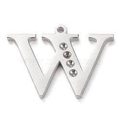 304 Stainless Steel Letter Pendant Rhinestone Settings, Stainless Steel Color, Letter.W, W: 16x22x1.5mm, Hole: 1.2mm, Fit for 1.6mm rhinestone(STAS-J028-01W)