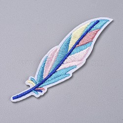 Computerized Embroidery Cloth Iron on/Sew on Patches, Costume Accessories, Appliques, for Backpacks, Clothes, Feather, Blue, 94x25x1.5mm(DIY-G015-25)