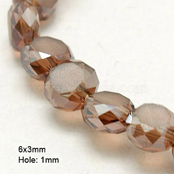 Electroplate Glass Beads, Half Plated, Faceted, Frosted, Flat Round, Pale Violet Red, 6x3mm(EGLA-D028-06)