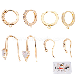 8Pcs 2 Style Brass Huggie Hoop Earring Findings, with 8Pcs 2 Style Earring Hooks, with Cubic Zirconia and Loop, Golden, 14~22x9~14x2~2.5mm, Hole: 0.8~2mm, Pin: 0.8~1mm, 4pcs/style(KK-BBC0001-39)