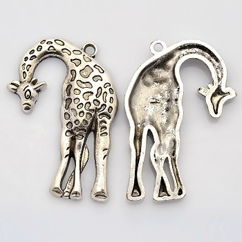 Alloy Pendants, Lead Free & Cadmium Free & Nickel Free and Nicle Free, Giraffe, Antique Silver, about 46mm long, 30mm wide, 4mm thick, hole: 2mm