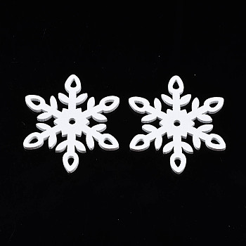 Christmas Theme Spray Painted Wood Pendants, Snowflake, White, 50x44x2.5mm, Hole: 3mm