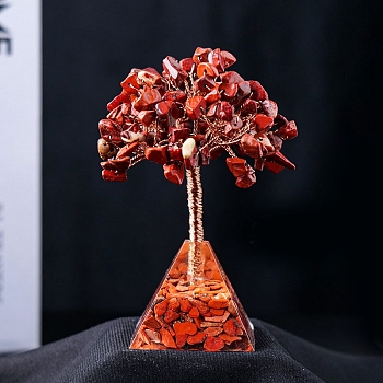 Natural Red Jasper Chips Tree Decorations, Resin & Gemstone Chip Pyramid Base with Copper Wire Feng Shui Energy Stone Gift for Home Office Desktop Decorations, 95x40mm
