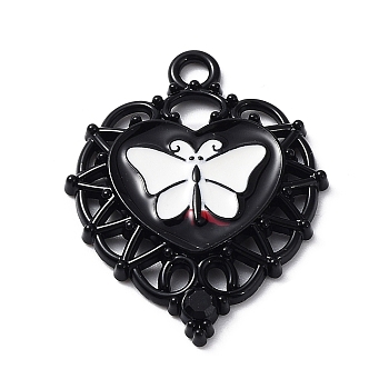 Alloy Enamel Pendants, with Rhinestone, Heart with Butterfly Charm, Electrophoresis Black, 33.5x26x3mm, Hole: 2.8mm