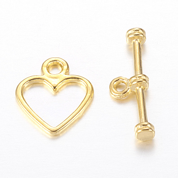 Alloy Toggle Clasps, Lead Free and Cadmium Free & Nickel Free, Golden Color, Size: Heart: 12mm wide, 14mm long, Bar: 19mm long, hole: 1.5mm