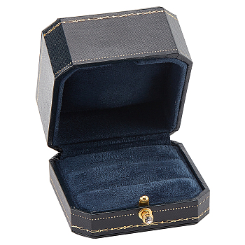 Rectangle Cardboard Jewelry Couple Ring Storage Box, with Blue Faux Suede Inside and Brass Clasps, Double Ring Case for Wedding Engagement Gift Favor, Black, 8.1x9.1x6.1cm