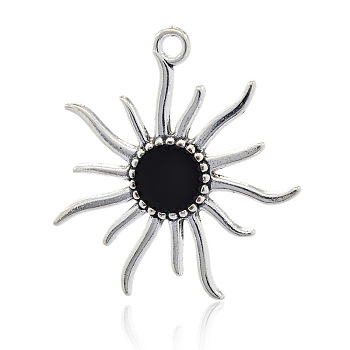 Antique Silver Alloy Enamel Sun Pendants, Black, 51.5x47x3mm, Hole: 4mm