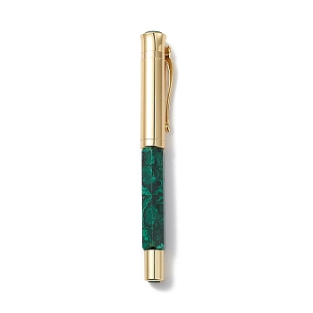 Natural Malachite Brass Pens, Reiki Energy Fountain Pen, with Pen Case, Office & School Supplies, 142x19x14mm