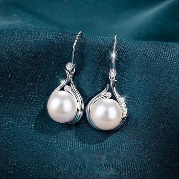 925 Sterling Silver Micro Pave Clear Cubic Zirconia Dangle Earrings, with Natural Freshwater Pearl, Teardrop, Platinum, 27x11mm