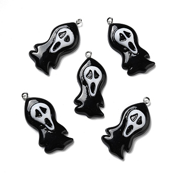 Halloween Opaque Resin Pendants, with Platinum Tone Iron Loops, Ghost, Black, 37.5x17x6.5mm, Hole: 2mm
