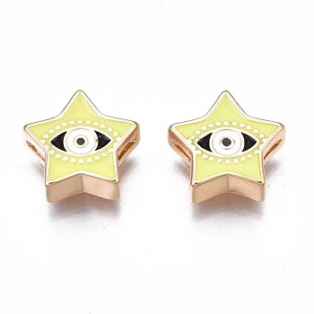 Brass Enamel Beads, Nickel Free, Golden, Star with Evil Eye, Champagne Yellow, 11x11.5x4mm, Hole: 1.2mm