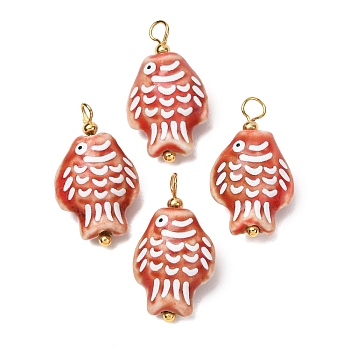 Handmade Porcelain Pendants, Fish Charms, Hand Painted, Famille Rose Porcelain, with Brass Findings, Real 18K Gold Plated, Red, 26~27.5x15~16x9~10mm, Hole: 2~3x3mm