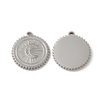 201 Stainless Steel Pendants, with Rhinestone, Flat Round with Moon Charm, Stainless Steel Color, 20x18.5x2mm, Hole: 1.5mm