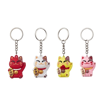 Cartoon Lucky Cat PVC Plastic Keychain, with Iron Split Key Rings, Mixed Color, 10.05~10.5cm