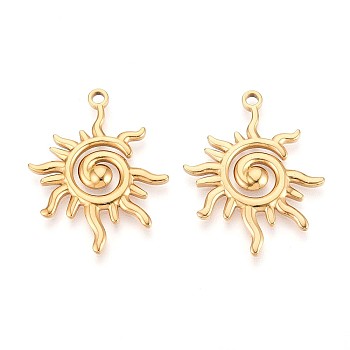 304 Stainless Steel Pendants, Sun Charm, Ion Plating(IP), Real 18K Gold Plated, 33x26x2.5mm, Hole: 2mm