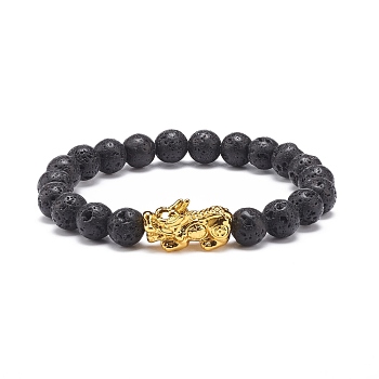 Natural Lava Rock & Alloy Pixiu Beaded Stretch Bracelet, Essential Oil Gemstone Jewelry for Men Women, Golden, Inner Diameter: 2-1/8 inch(5.3cm)