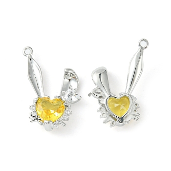 Brass Micro Pave Cubic Zirconia Pendants, Rabbit Head Charm, Real Platinum Plated, Gold, 24x20.5x5mm, Hole: 1.5mm
