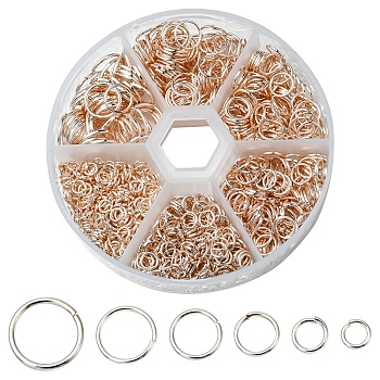 1 Box Iron Jump Rings Set, Mixed Sizes, Open Jump Rings, Round Ring, Rose Gold, 18~21 Gauge, 4~10x0.7~1mm, Inner Diameter: 2.6~8mm, 10g/size, 6 sizes, about 1000pcs/box
