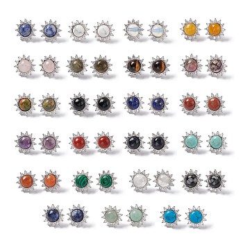 Gemstone Sun Stud Earrings with Cubic Zirconia, Platinum Brass Jewelry for Women, Cadmium Free & Nickel Free & Lead Free, 18mm, Pin: 0.8mm