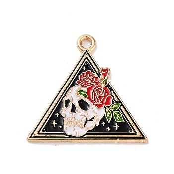 Halloween Alloy Enamel Pendants, Golden, Triangle with Skull & Rose, 25x26x1.5mm, Hole: 2mm